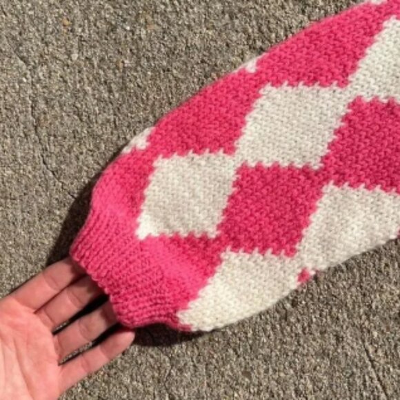 Deadstock 70s Vintage Pink Wool Diamond Print Puff Sleeve Sweater XS S Women’s - Picture 2 of 4
